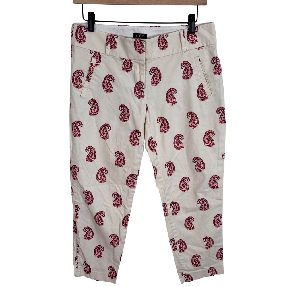 LOFT Marisa Ankle Pants Womens 2 Cream Pink Paisley Cotton Blend Tapered Trouser